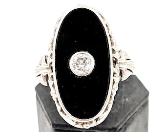 Old Euro Diamond Onyx Ring & Appraisal, 18K White Gold Art Deco Ring, Black Onyx .25ct Diamond Butterfly Ring, Oval Onyx Diamond Ring