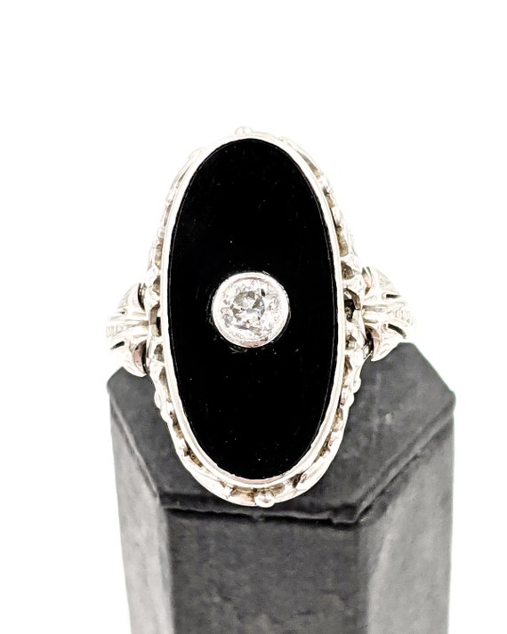 Old Euro Diamond Onyx Ring & Appraisal, 18K White 
