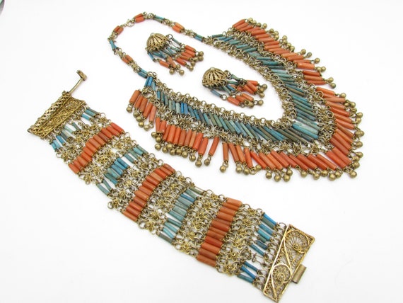 Genuine Egyptian Gilt Sterling Faience & Coral Ne… - image 1