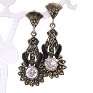 Vintage Art Deco Style Long Marcasite & Diamond CZ Dangle Sterling Earrings -Ladies Sterling Silver Marcasite Gatsby Drop Post-Back Earrings