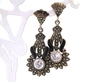 Vintage Art Deco Style Long Marcasite & Diamond CZ Dangle Sterling Earrings -Ladies Sterling Silver Marcasite Gatsby Drop Post-Back Earrings