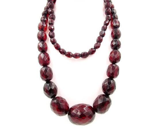 Vintage Faceted Cherry Amber Bakelite Necklace - A