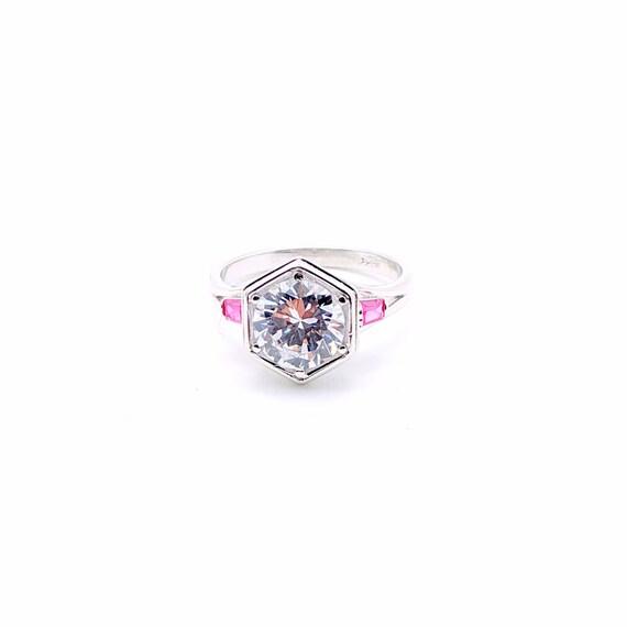 Diamond Ruby Octagon Ring, Art Deco Style Silver … - image 7