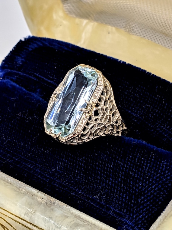 Art Deco White Gold Aquamarine Ring - 14k Antique 