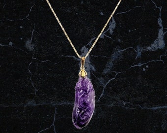 Amethyst Pea Pod Pendant, 18k Carved Amethyst Shu Rat & Gourd Pendant, Jadeite Eggplant Pendant Necklace, Vintage Amethyst 18k Gold Necklace