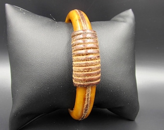 Vintage Leather Wrap Butterscotch Bakelite Bangle Bracelet - Caramel Leather Bakelite Bangle - Bakelite Bracelet - Leather Bakelite Bangle