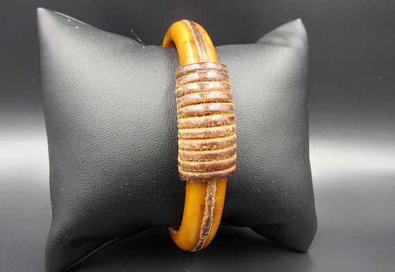 Vintage Leather Wrap Butterscotch Bakelite Bangle