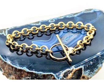 Vintage 14k Yellow Gold Puffy Beveled 7.5mm Rolo Link Toggle Bracelet, Belcher Chain Bracelet, Unisex Bracelet, Gift for Her, Gift For Him