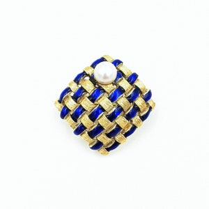 14k Hammerman Bros Gold Brooch, Vintage 14k Hammerman Bros Cobalt Blue Enamel & Pearl Brooch, 14k Basket Weave Enamel Brooch, 14k Pearl Pin