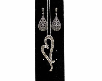 Vintage Sterling Silver Marcasite Jewelry Set - Ladies Sterling Marcasite Heart Necklace & Marcasite Dangle Earrings - 925 Marcasite Pendant