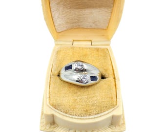 Anello doppio in oro bianco 18 carati con diamanti e zaffiri Art Déco, anello antico con zaffiri blu e diamanti Toi et Moi