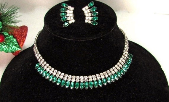 Vintage Emerald Green & Clear Rhinestone Demi Par… - image 2