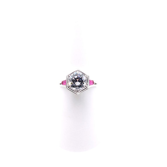 Diamond Ruby Octagon Ring, Art Deco Style Silver … - image 5