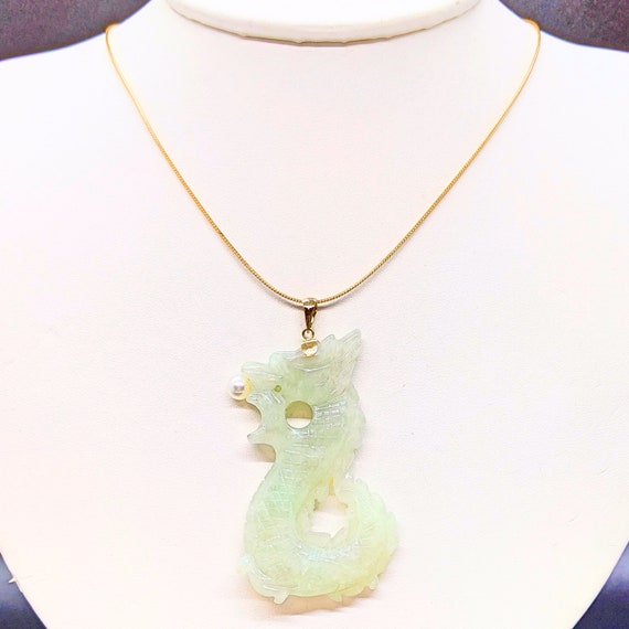 Jade Dragon Pendant, Large Vintage 14k Gold Pearl… - image 2