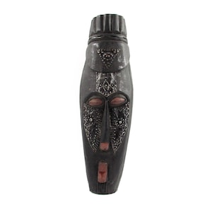 Vintage African Metal & Wood Mask - Carved Ebony Wood Fang Mask - African Wood Wall Decor - Africa Tribal Ebony Face Mask - African Wall Art