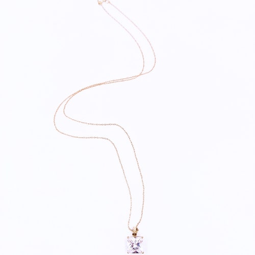 14k 2ct Princess Cut CZ Diamond Pendant, Vintage 14k Gold 7mm Princess Diamond CZ Necklace, 14k Square shops Diamond CZ Pendant