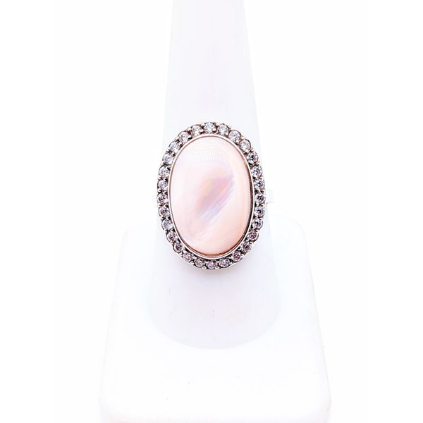Pink Sterling Ring, Vintage Mother of Pearl & CZ Statement Ring, Pink MOP Ring, Glamorous Ring, Twilight Style Ring