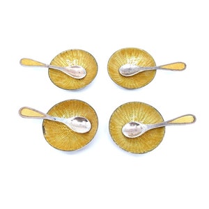 Enamel Salt Cellars, Vintage Mexico Sterling Salts, Vintage Jeromino Fuentes Yellow Guilloche Enamel Salt Cellars & Sterling Salt Spoons