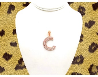 Large 10k Rose Gold 3D Letter "C" Initial Simulated Diamond Pendant