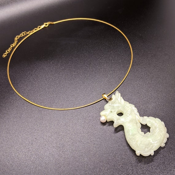 Jade Dragon Pendant, Large Vintage 14k Gold Pearl… - image 6