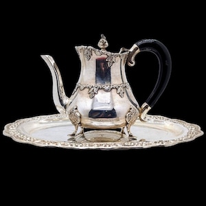 Antique Silver Colonial Indian Pure Silver Teapot &  Pure Silver Tray, Indian Deity Finial Teapot, Ganesh 999 Silver Teapot, Silver Thali