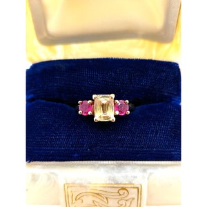 Vintage Yellow Sapphire Gold Ring, 14k Cushion Unheated Yellow Sapphire Round Ruby 3 Stone Ring, Sapphire Ruby Engagement Ring