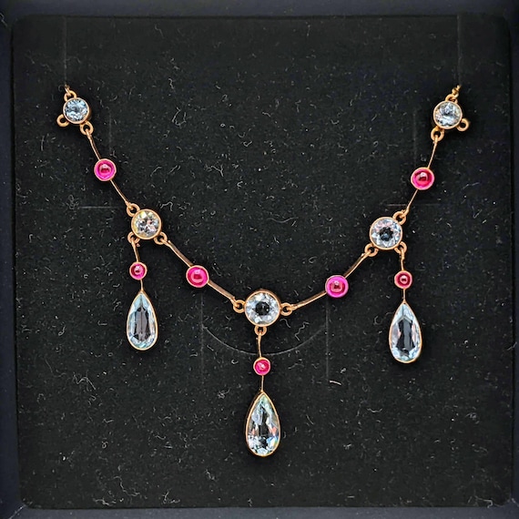 Vintage 9k Gold Aquamarine & Ruby Fringe Necklace, Antique Rose Gold Necklace, Ruby Cabochon, Bezel Set Pear Aquamarine
