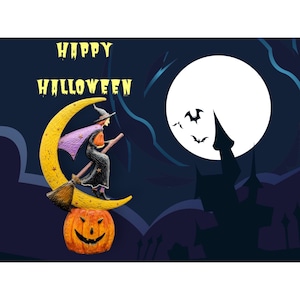 Vintage Flying Witch On The Moon Halloween Statue Witch & Moon Figurine By Regency