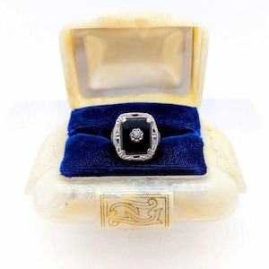 Art Deco 14k White Gold Ostby Barton Black Onyx Diamond Ring, Antique OB Diamond Onyx White Gold Filigree Ring