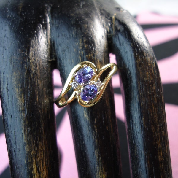 Double Oval Tanzanite & Diamond Ring in 14k Yellow Gold