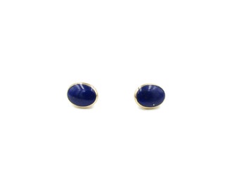 Vintage 14k Yellow Gold Genuine Lapis Lazuli Pierced Earrings - Ladies Oval 14k Gold Lapis Stud Earrings - 14k Lapis Gemstone Earrings