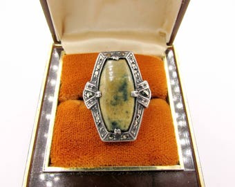Antique Sterling Greek Key Soapstone Marcasite Mourning Ring - Art Deco Sterling Jasper Marcasite Coffin Ring - Sterling Mourning Ring
