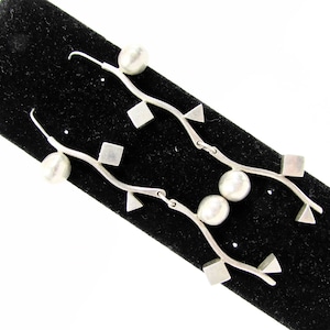 Modernist Sterling Long Dangle Vine Earrings - Sterling Geometric Shapes Dangle Earrings - Orbs Triangles & Squares Earrings - Sphere - Ball