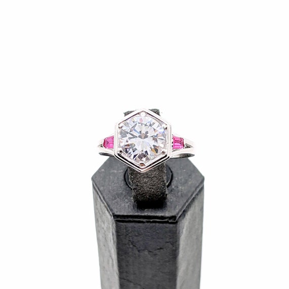 Diamond Ruby Octagon Ring, Art Deco Style Silver … - image 1