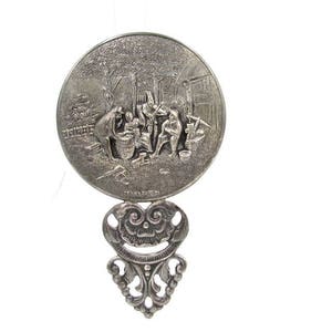 Vintage Hans Jensen Denmark Silverplate Repousse Hand Mirror - Denmark Hans Jensen Silverplate Vanity Hand Held Beveled Purse Mirror
