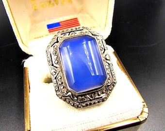 Vintage Large Art Deco Sterling Silver Blue Chalcedony Marcasite Ring - Ladies 1920's Marcasite Chalcedony Sterling Ring - Statement Ring