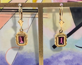 Pink Tourmaline Earrings, Vintage 14k Gold Emerald Cut Pink Tourmaline Dangle Earrings, Rectangle Tourmaline Gold Earrings,14k Drop Earrings