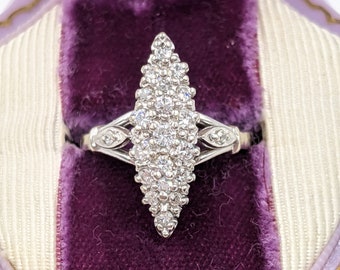 Antique Navette Diamond Ring, 14k White Gold Navette 1ct Diamond Ring, 1.09ct Pave Diamond Cluster Ring, Marquise Diamond Cluster Ring