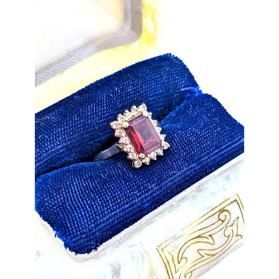 Garnet Diamond Ring, Vintage 14k Emerald Cut Garn… - image 9