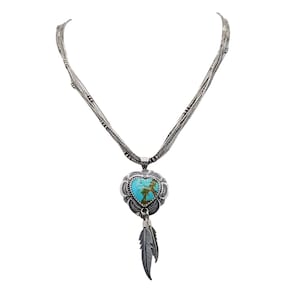 QT QUOC Turquoise Heart Pendant, Southwestern Turquoise Heart Liquid Silver Feather Necklace, Vintage Carolyn Pollack Sterling Necklace, QT