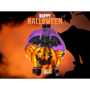 Vintage Halloween Bat Sitting On A Pumpkin Crackle Glass / Stained Glass Night light