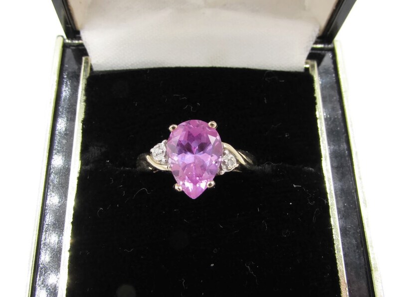 Modern 10k Diamond Pink Gemstone Ring Ladies 10k Pear Cut Pink Topaz Ring Vintage 10k Gold Large Pink Topaz Teardrop Diamond Ring