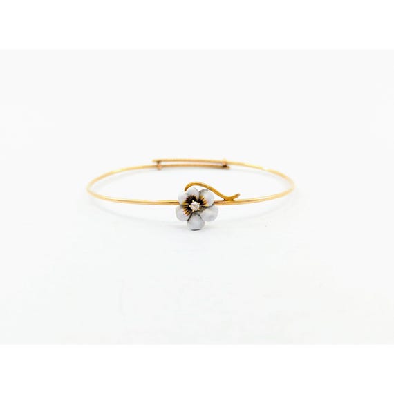 Victorian Enamel & Diamond Pansy Bangle, Antique 14k Gold Diamond Enamel Pansy Bracelet, Adjustable Wire Pansy Bangle