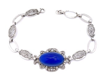 Art Deco Bracelet, Sterling Filigree Blue Cabochon Bracelet, Antique Sterling Bracelet