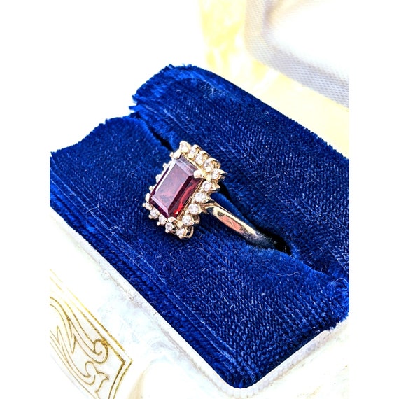 Garnet Diamond Ring, Vintage 14k Emerald Cut Garn… - image 7