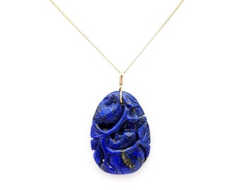 Gold Lapis Anhänger, Chinesischer 14K Gelbgold Geschnitzter Lapis Kürbis Anhänger, Vintage 14k Gold Floral Lapis Halskette
