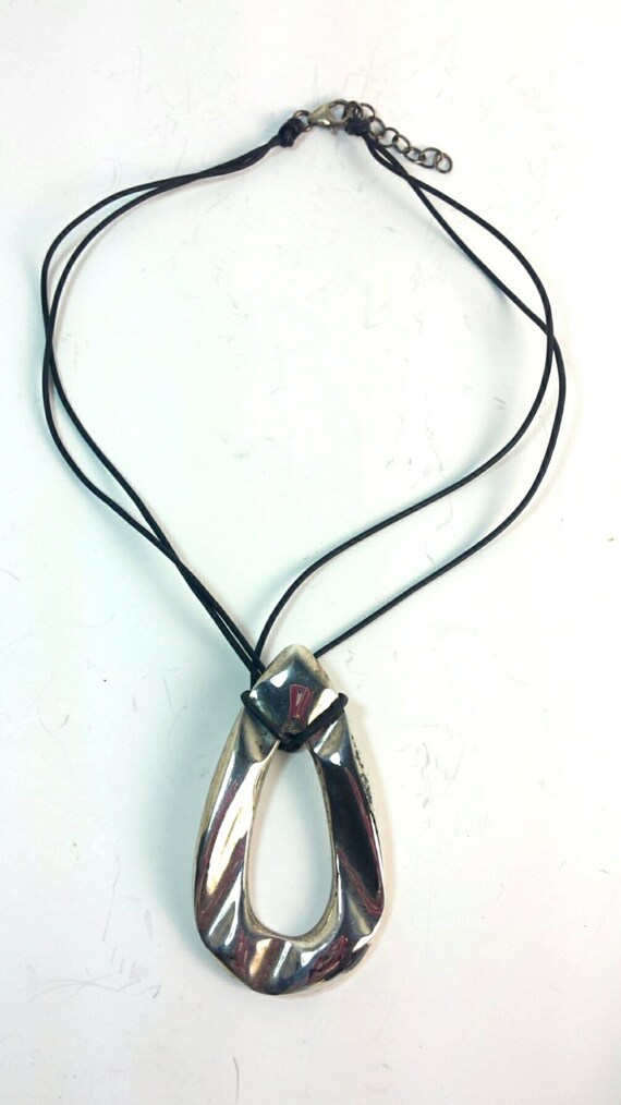 Estate Sterling Silver Abstract Black Cord Neckla… - image 2