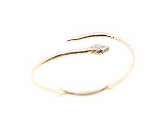 Diamond Snake Bangle, Art Deco 14k Snake Bracelet, Vintage Handmade 14k Diamond & Ruby Snake Bangle, Serpent Heirloom Bracelet w/ Appraisal