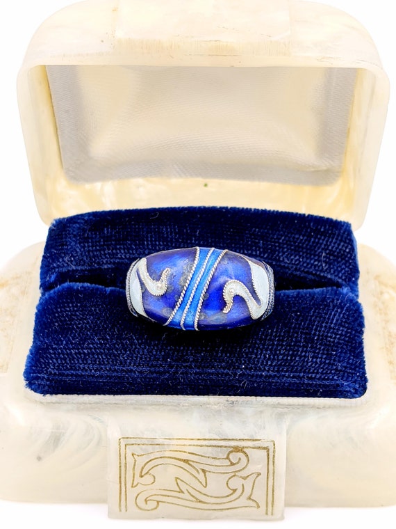 Chinese Export Enamel Ring, Vintage Blue Enamel Sw