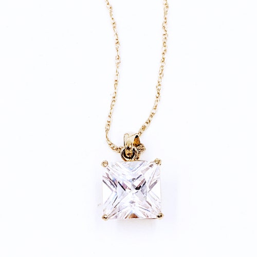 14k 2ct Princess Cut CZ Diamond Pendant, Vintage 14k Gold 7mm Princess Diamond CZ Necklace, 14k Square shops Diamond CZ Pendant